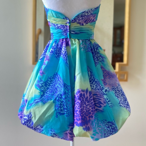 Mori Lee Sticks & Stones Teal/Purple Leopard Bubble Hem Mini Dress, size 3/4 - Picture 3 of 16